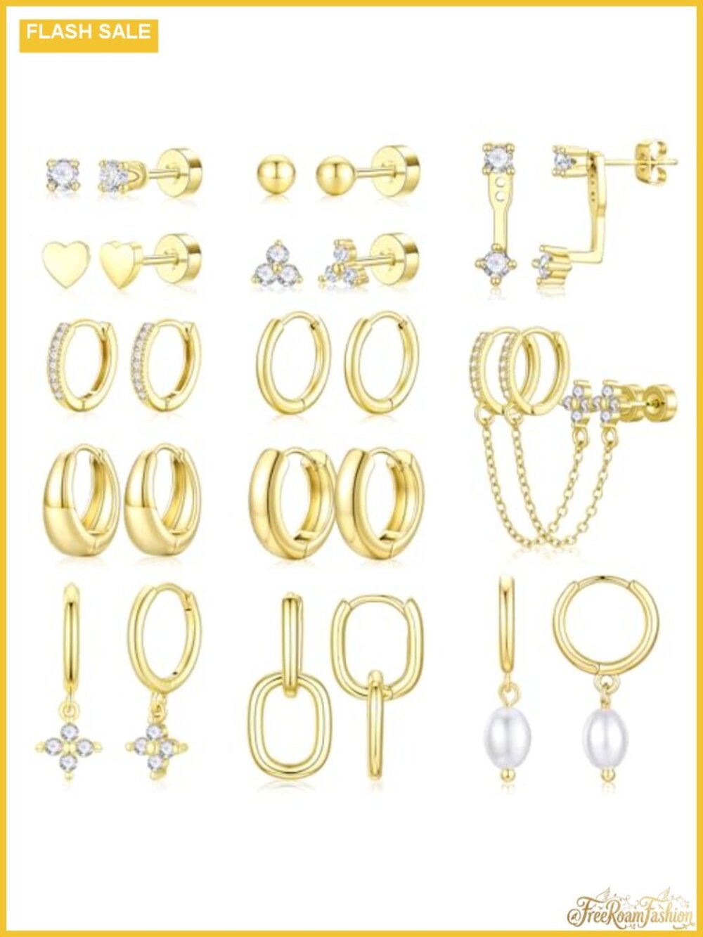 13 Pair Gold Plated Hoop Stud Earrings for Women Hypoallergenic